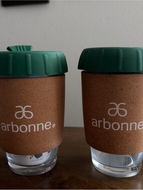 Arbonne Cork Travel Cups with Dark Green Lids (Set of 2)